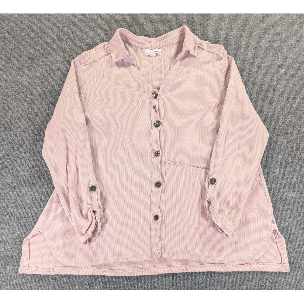 Neon Buddha Pink Waffle Knit Button Down Roll Tab Sleeve Top Large RN100492